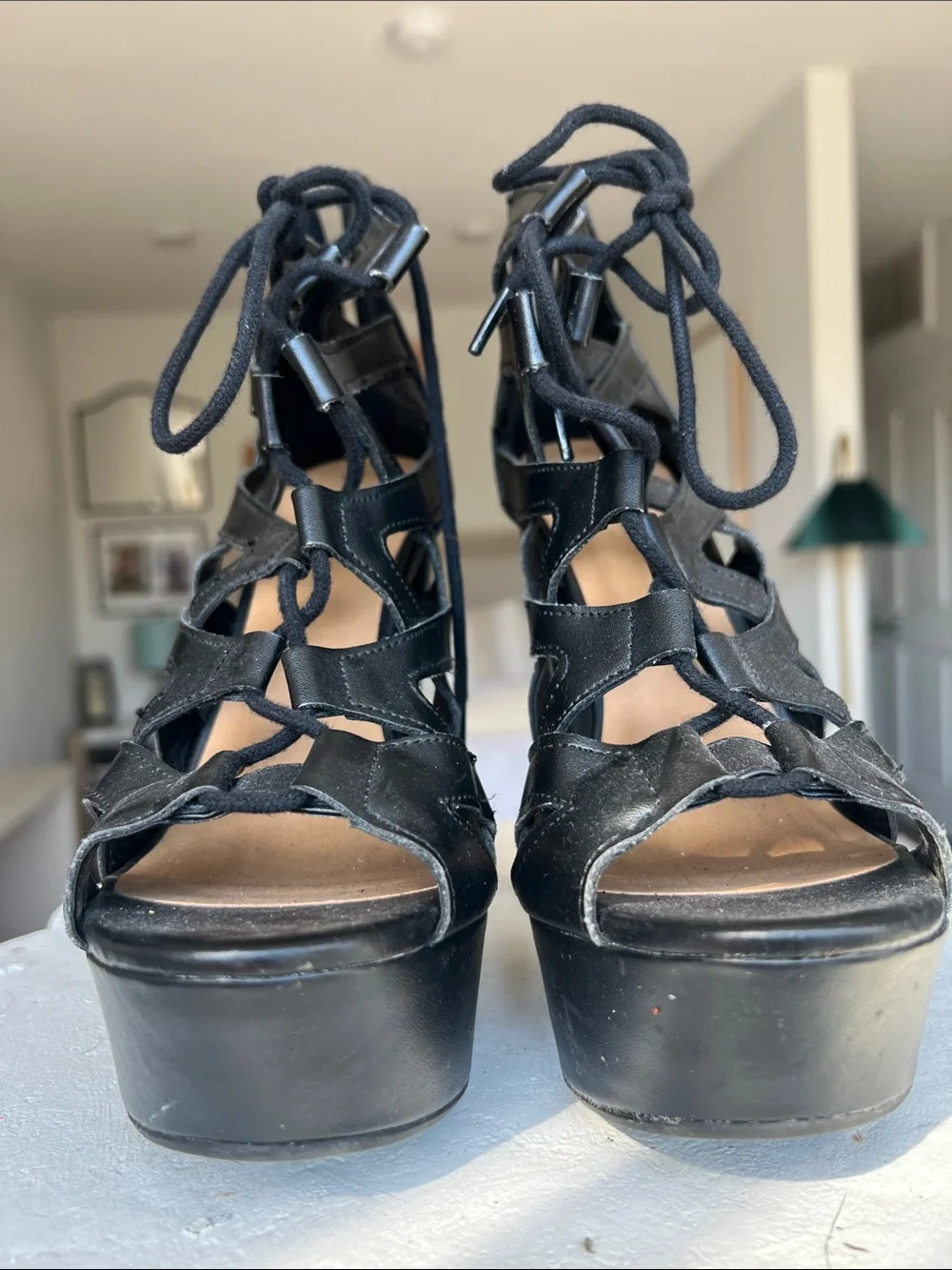 Charlotte Russe Black Lace-Up Cutout Platform Heels
